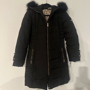 Calvin Klein Women's Black Puffer Coat with Faux Fur Hood Size Small